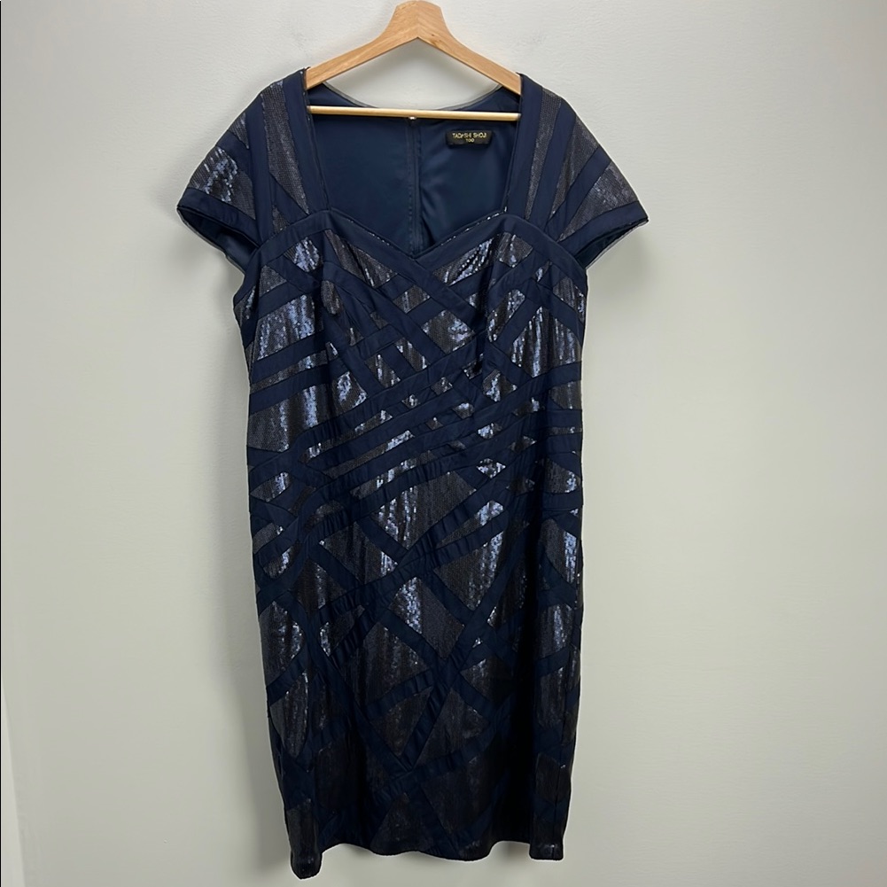 Tadashi Shoji Navy Sheath Midi Dress With Geometric Sequin Stripes